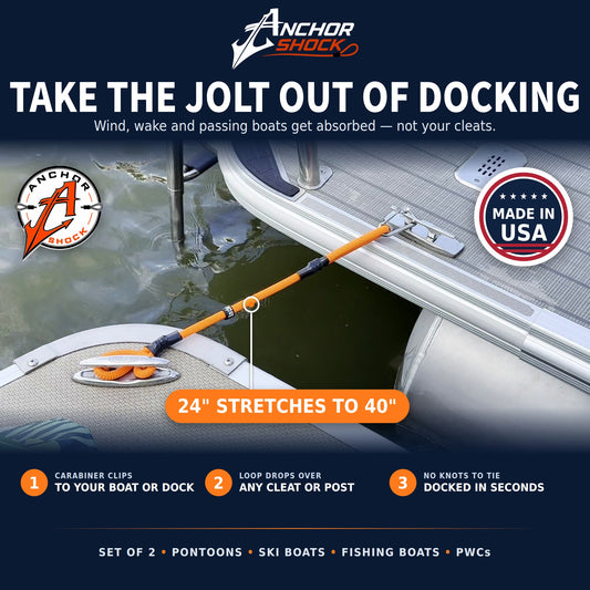 24 inch orange Dock Shock stretches to 40 inches, connecting two pontoon boats at the cleats