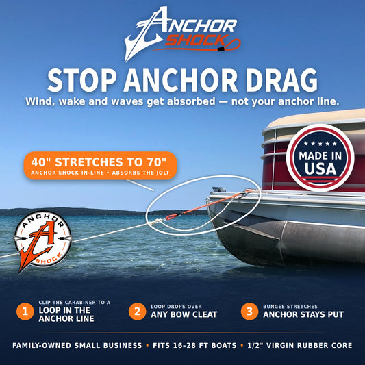 40 inch Anchor Shock stretches to 70 inches, in-line on a pontoon anchor line