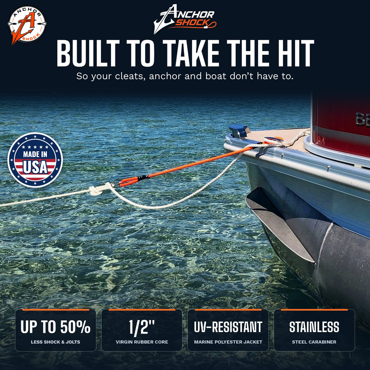 Anchor Shock built to take the hit: up to 50% less shock and jolts, 1/2 inch virgin rubber core, UV-resistant marine polyester jacket, stainless steel carabiner. Made in USA