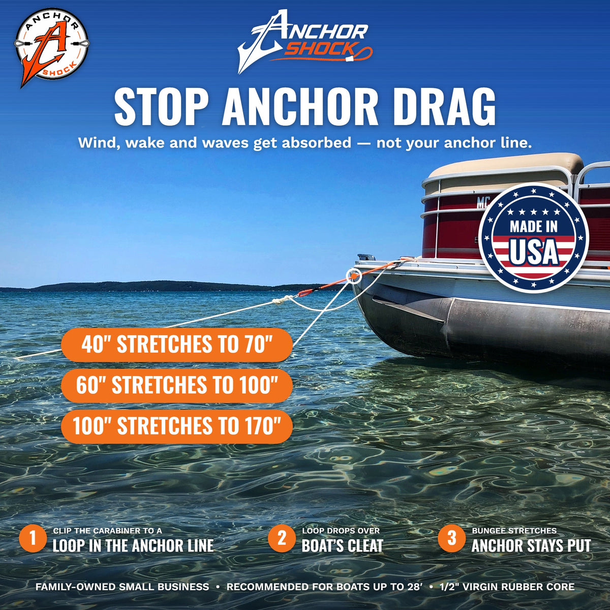 Anchor Shock stops anchor drag: 40 inch stretches to 70, 60 inch to 100, 100 inch to 170, shown on a pontoon anchor line. Made in USA