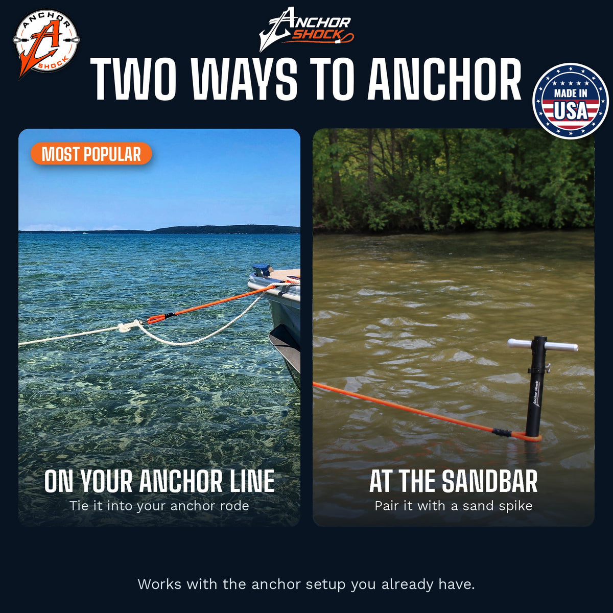 Two ways to anchor with the Anchor Shock: on your anchor line off the bow, or at the sandbar paired with a sand spike. Made in USA
