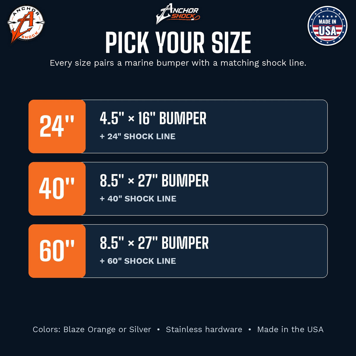 Bumper Shock size chart: 24 inch with 4.5 x 16 inch bumper, 40 and 60 inch with 8.5 x 27 inch bumper and matching shock line. Made in USA