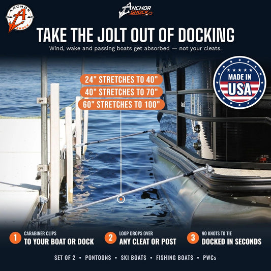 Silver Dock Shock takes the jolt out of docking: 24 inch stretches to 40, 40 inch to 70, 60 inch to 100, shown mooring a pontoon to a dock. Made in USA, set of 2