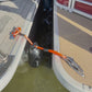 Bumper Shock video: orange shock line and marine bumper hung between two rafted pontoons to take the hit and stop the banging